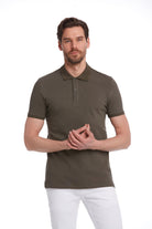 Olive green cotton polo shirt with a classic collar and button placket