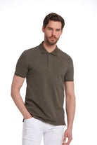 Olive green short-sleeved polo shirt with a classic collar and button placket.