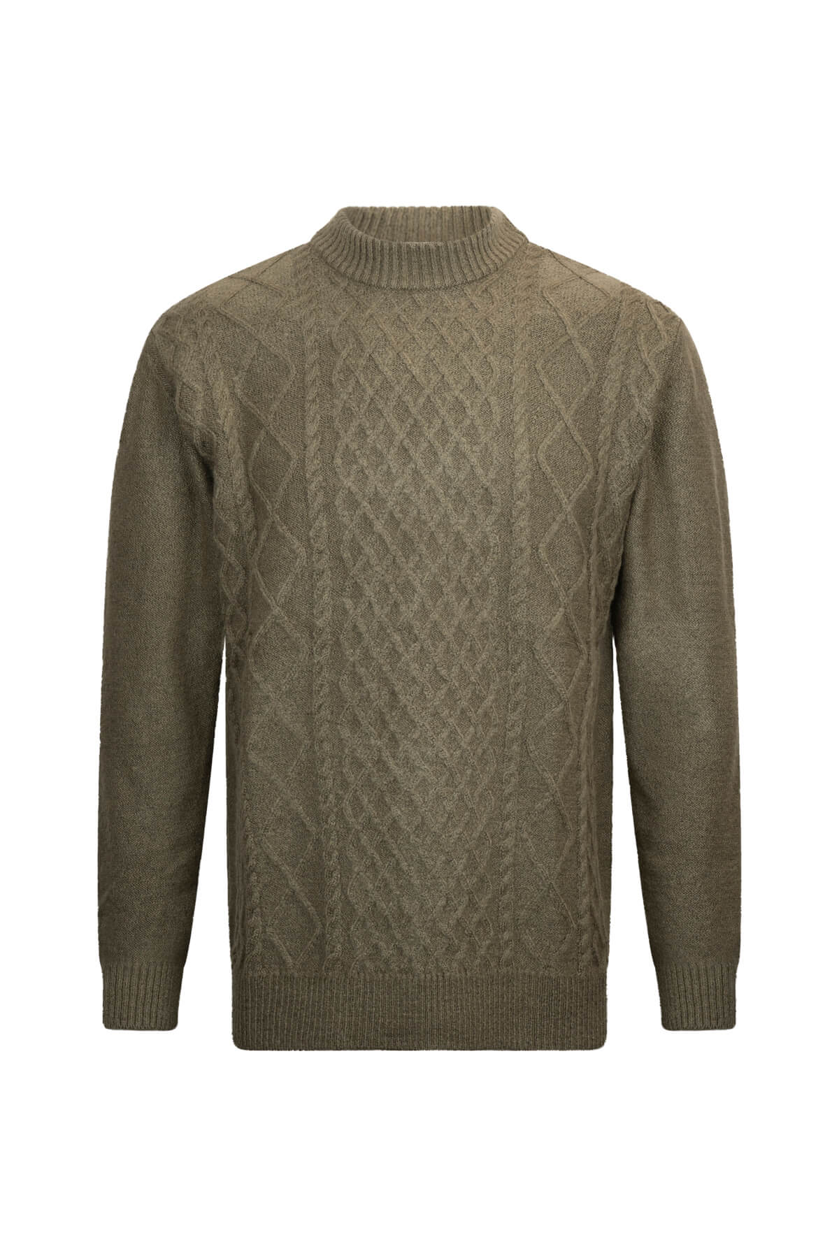 Olive green cable-knit sweater with a ribbed crew neck and cuffs.