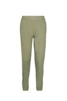 Regular fit olive green cotton joggers with a small logo patch on the thigh made from a khaki cotton blend