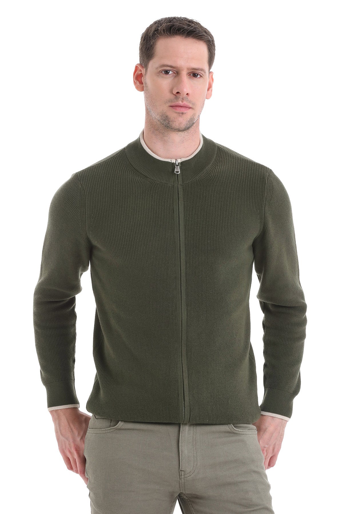 Regular Fit Khaki Cotton Blend Mock Neck Cardigan - SAYKI