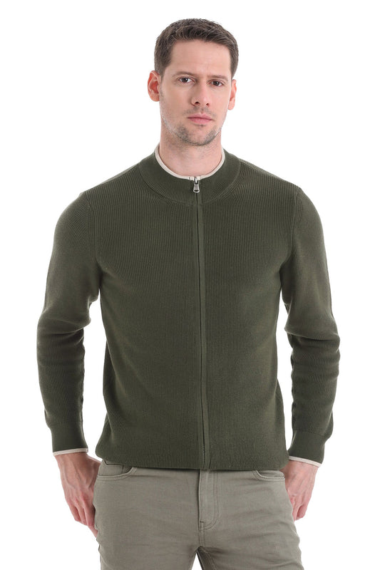 Olive green ribbed knit zip-up sweater with a contrasting cream-colored collar and cuffs.