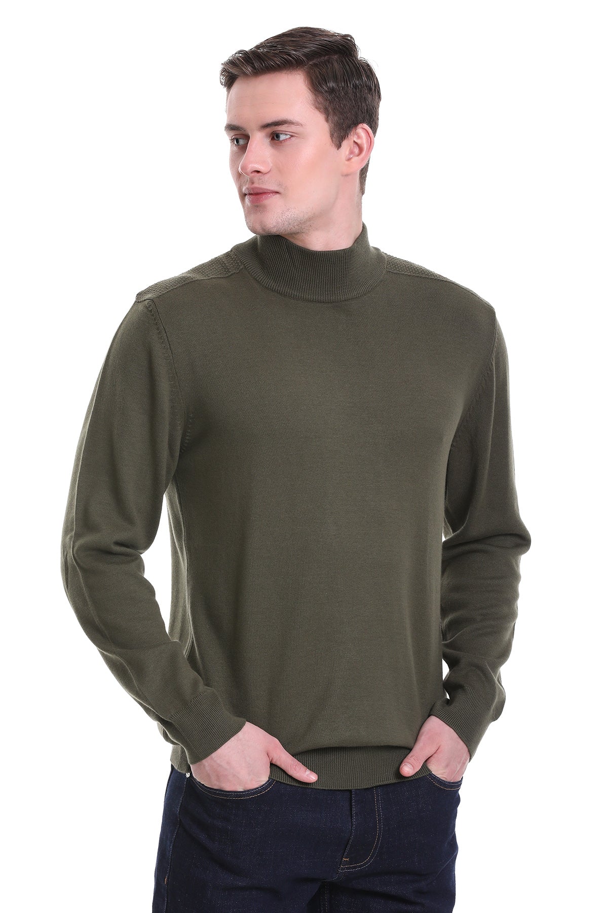 Olive green turtleneck sweater with ribbed cuffs and hem.