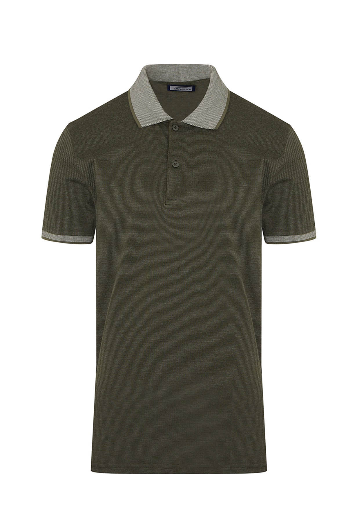 Olive green textured polo shirt with a contrasting light gray collar and sleeve cuffs.