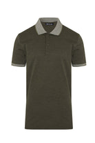 Olive green textured polo shirt with a contrasting light gray collar and sleeve cuffs.