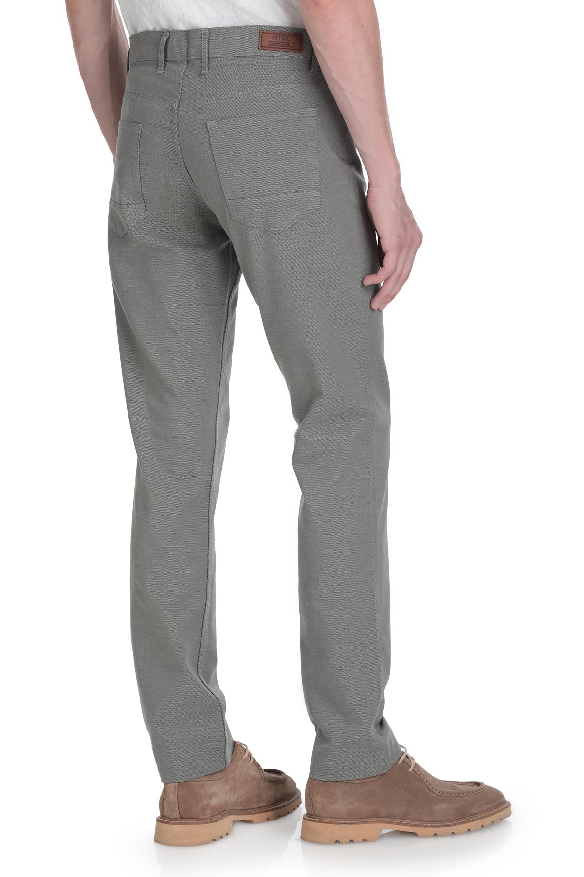 Gray chino trousers with a straight-leg cut and a brown leather belt loop.