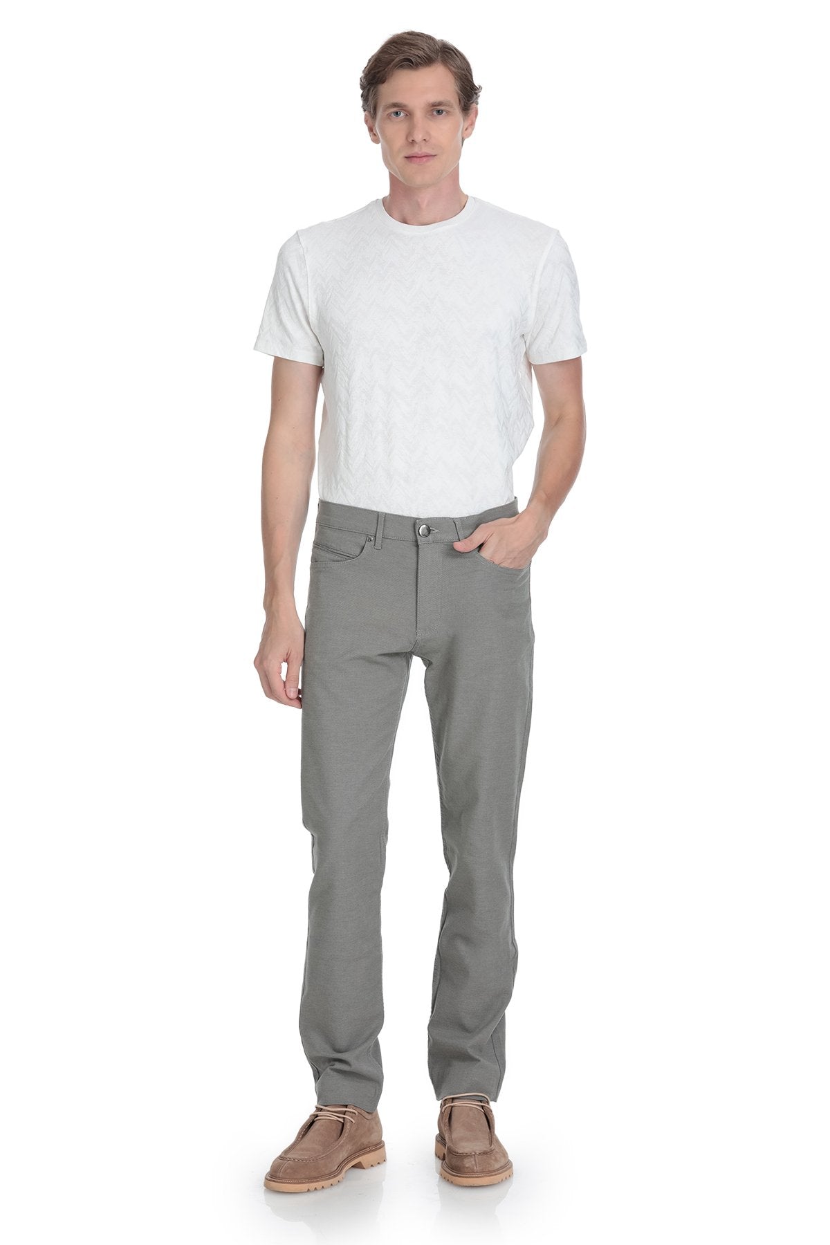 Gray slim-fit chinos with a classic five-pocket design and button closure.