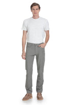 Gray slim-fit chinos with a classic five-pocket design and button closure.