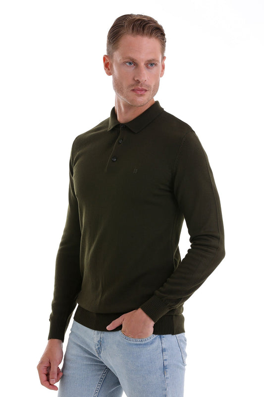 Dark olive green long-sleeved polo shirt with a ribbed collar and cuffs.