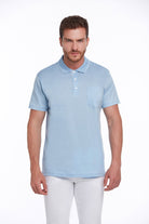 Light blue short-sleeved polo shirt with a collar and button placket, featuring a chest pocket.