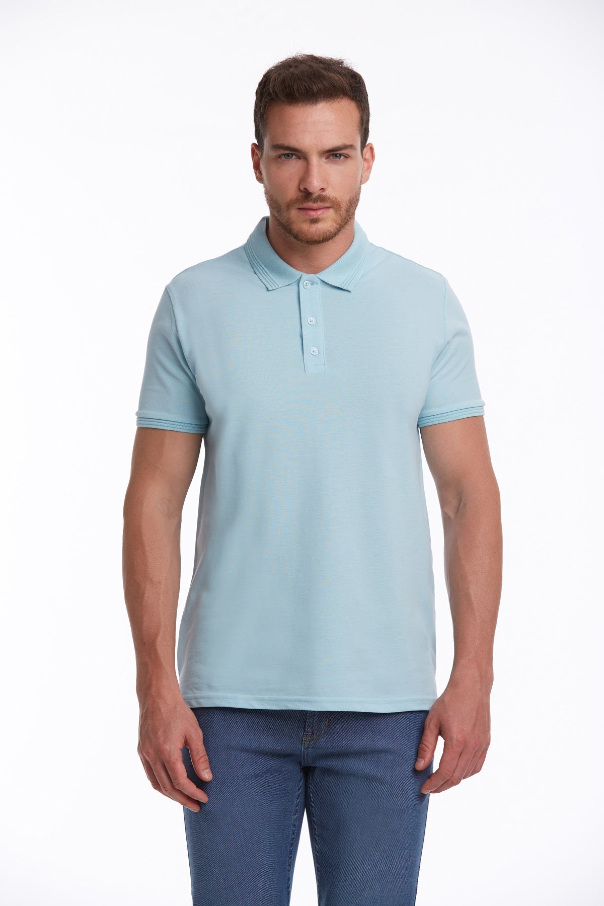 Light blue short-sleeved polo shirt with a classic collar and button placket.