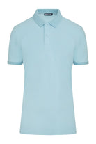 A light blue short-sleeved polo shirt with a ribbed collar and sleeve cuffs, featuring a subtle textured weave.