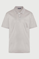 A light gray short-sleeved polo shirt with a subtle textured fabric, white trim along the collar and placket, and a single chest pocket.