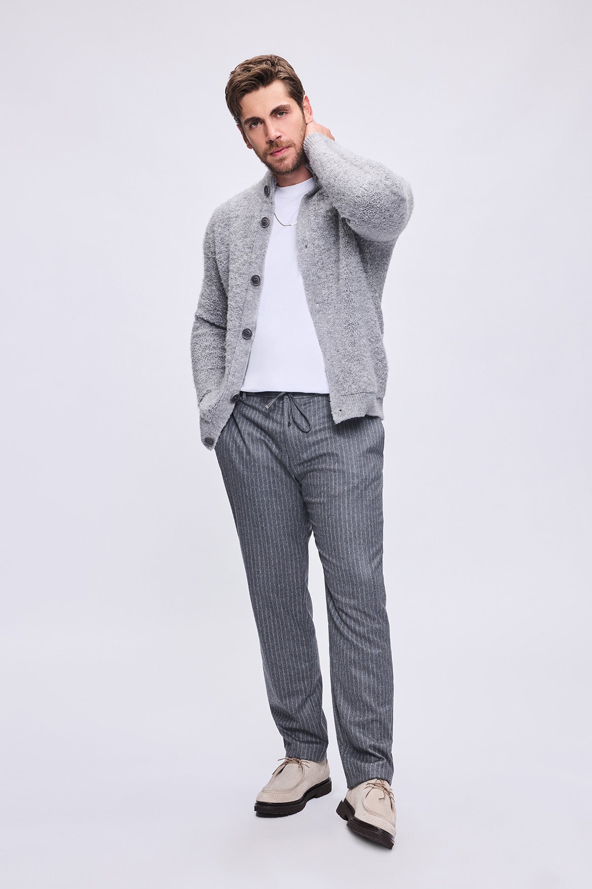 Regular Fit Light Gray Knit Button-Up Cardigan - SAYKI