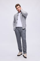 Gray textured knit cardigan with dark gray button closures