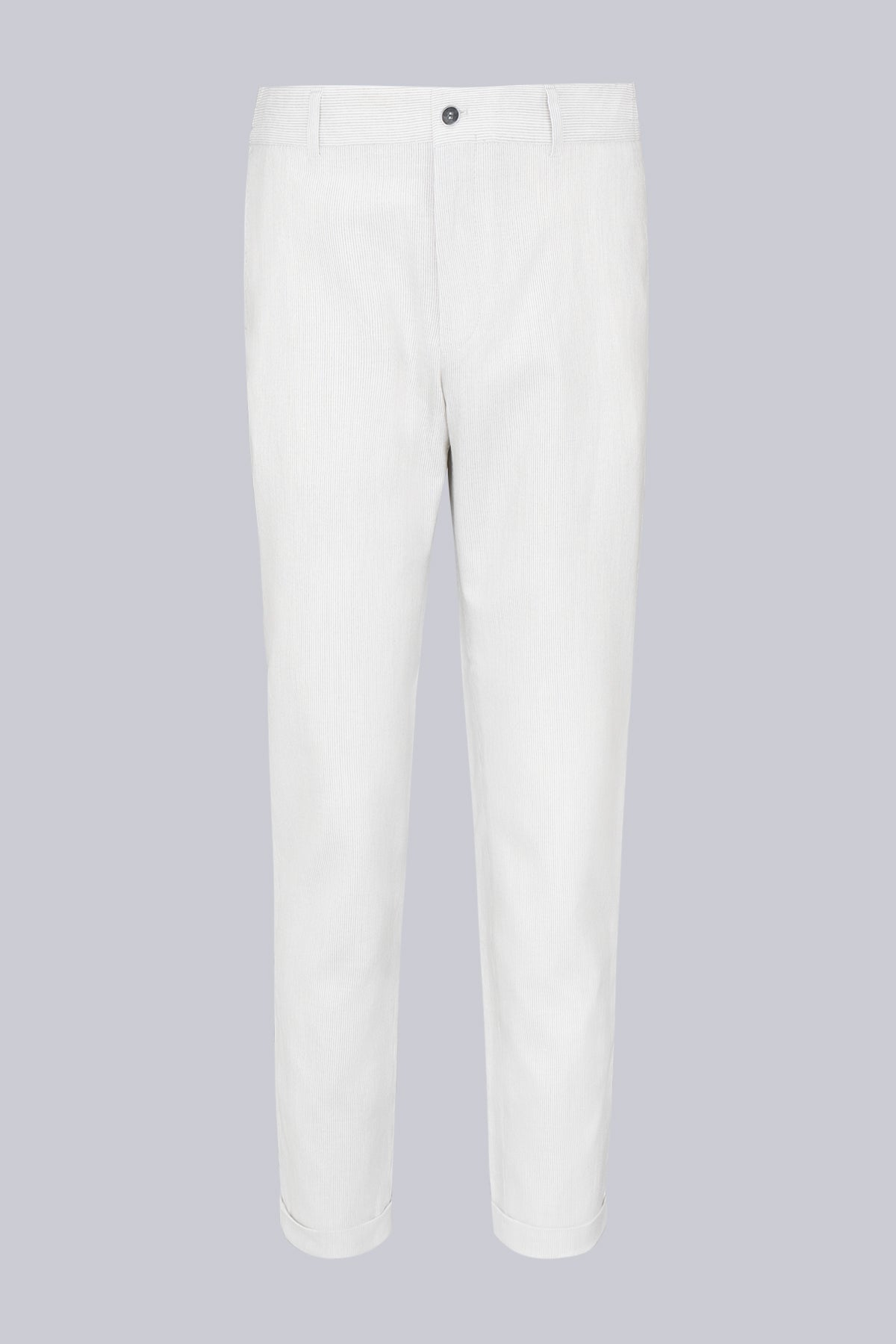 White chino trousers with a clean, tailored fit and subtle pleats at the front.