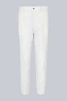 White chino trousers with a clean, tailored fit and subtle pleats at the front.