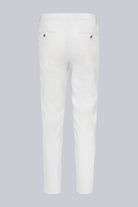 White corduroy trousers with a slim fit and subtle vertical ridges.