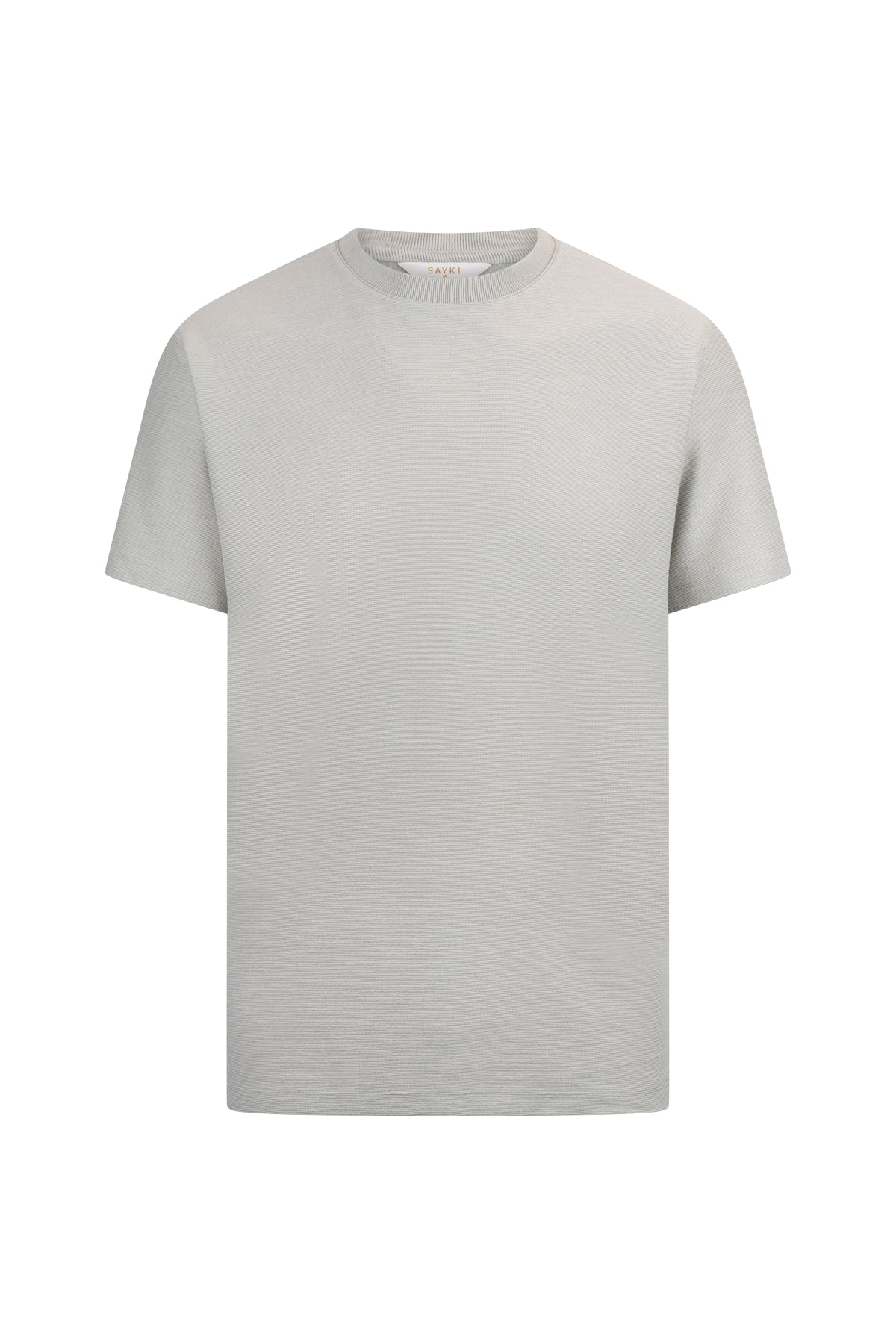 A minimalist, light gray crew-neck t-shirt with a subtle textured weave and clean, simple design.