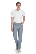 Light gray slim-fit chinos with a classic five-pocket design and button closure.