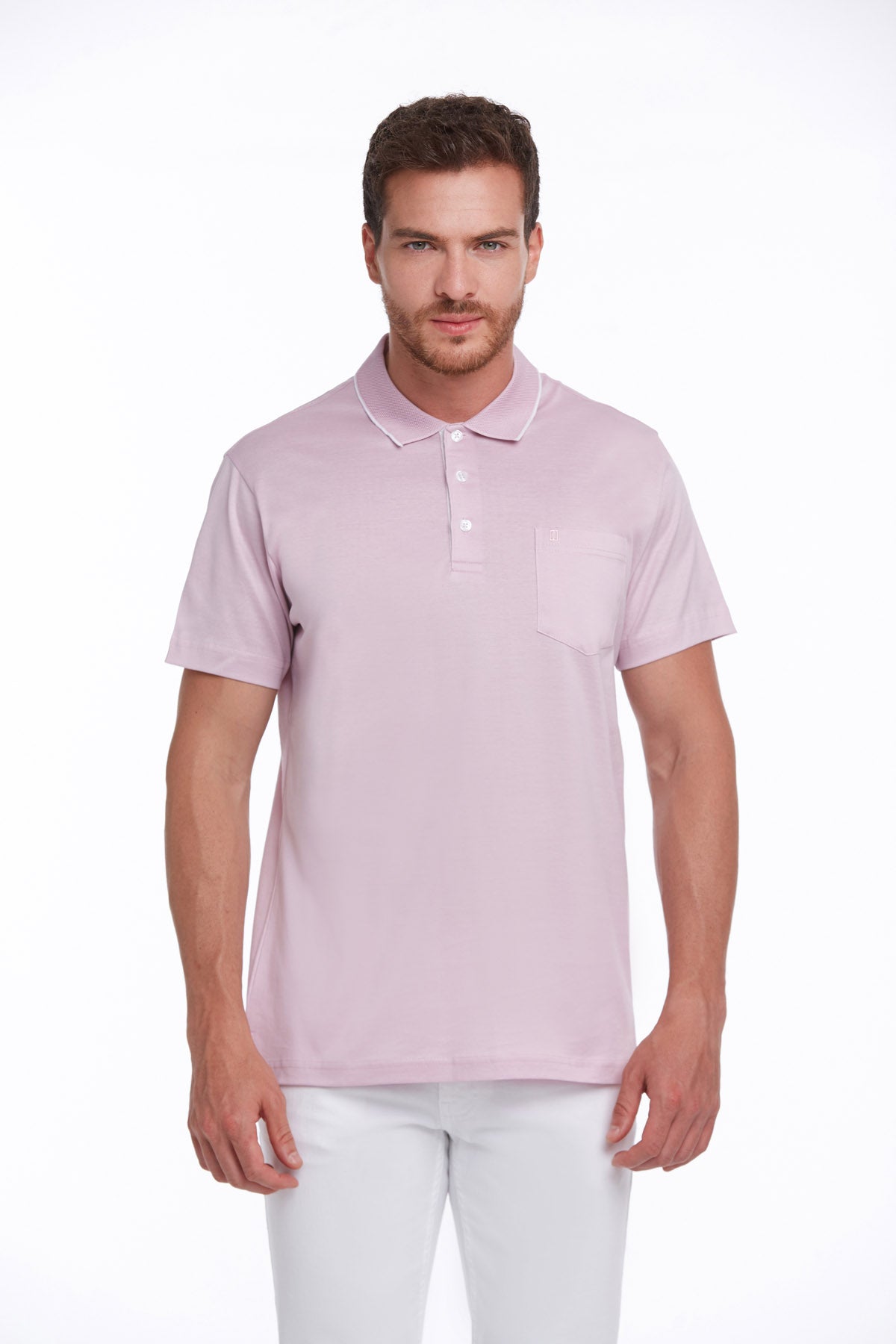 A light pink short-sleeved polo shirt with a collar, buttoned placket, and a single chest pocket.