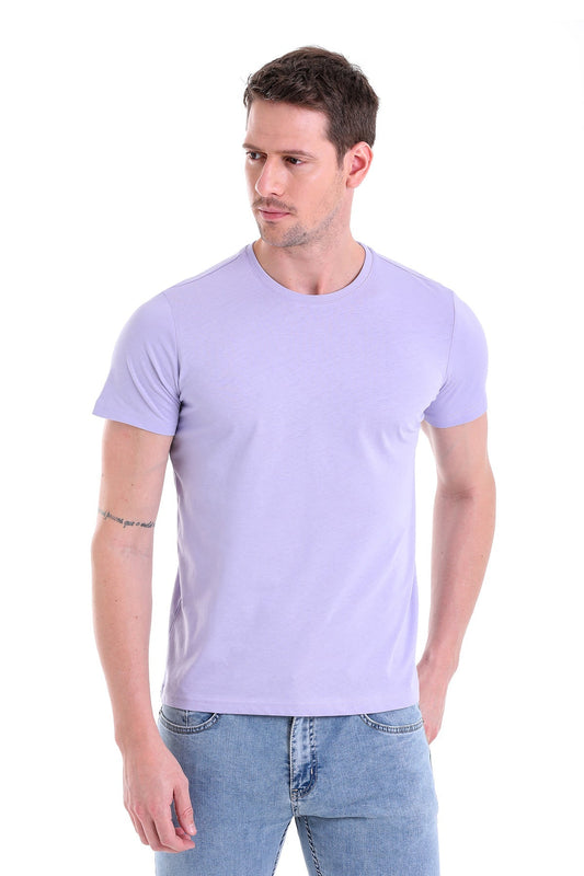 A soft lavender-colored, plain cotton t-shirt with a classic crew neck and short sleeves.
