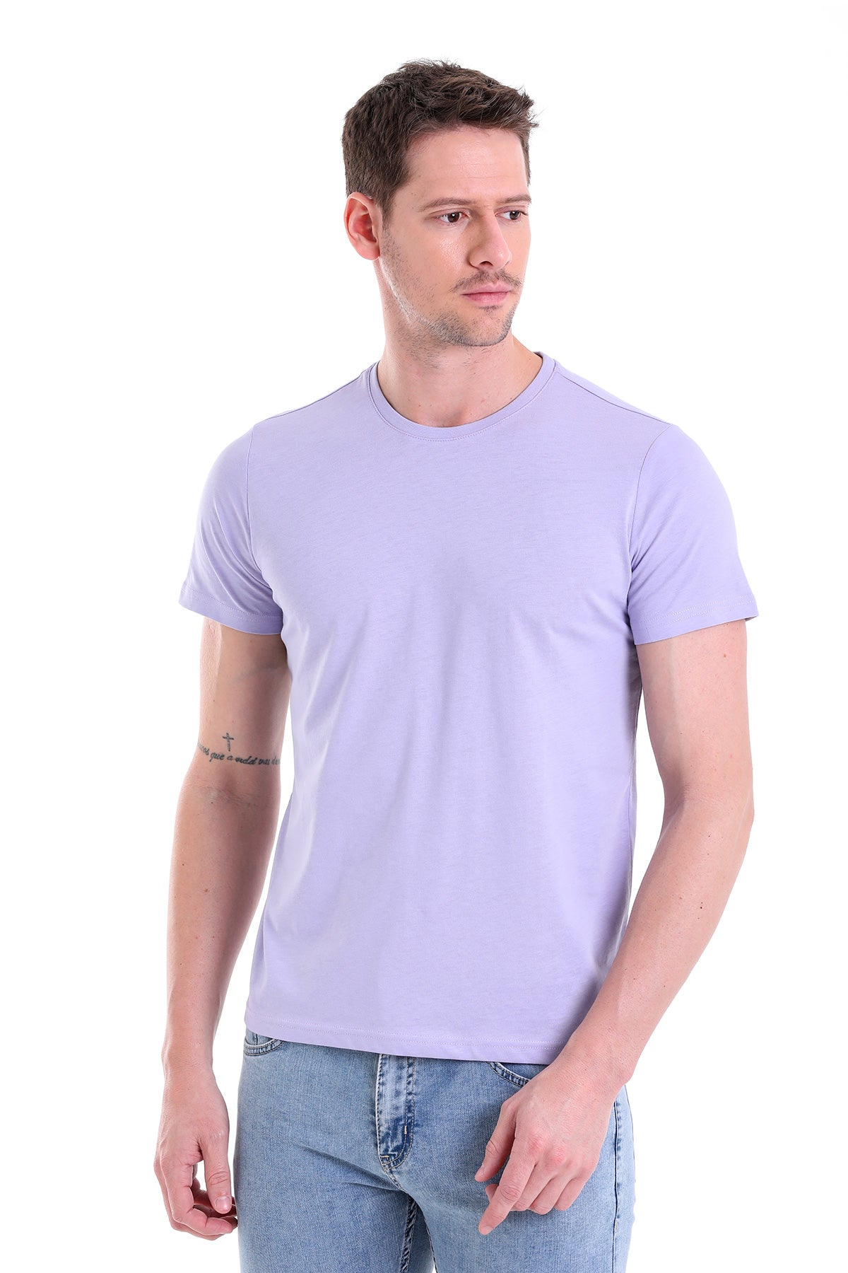 A soft lavender-colored, plain cotton t-shirt with a classic crew neck and short sleeves.