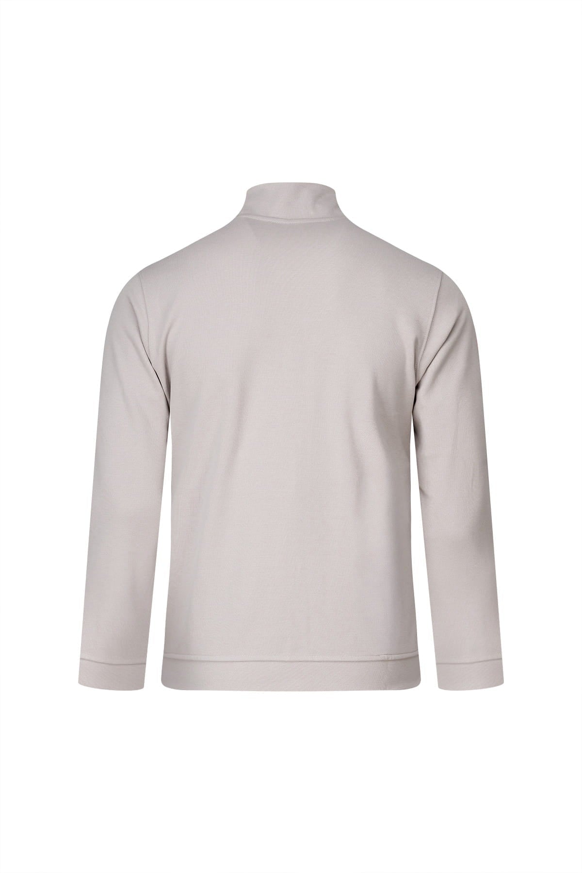 Beige regular fit linen-tone cotton full-zip cardigan with mock neck, high collar, and ribbed cuffs design
