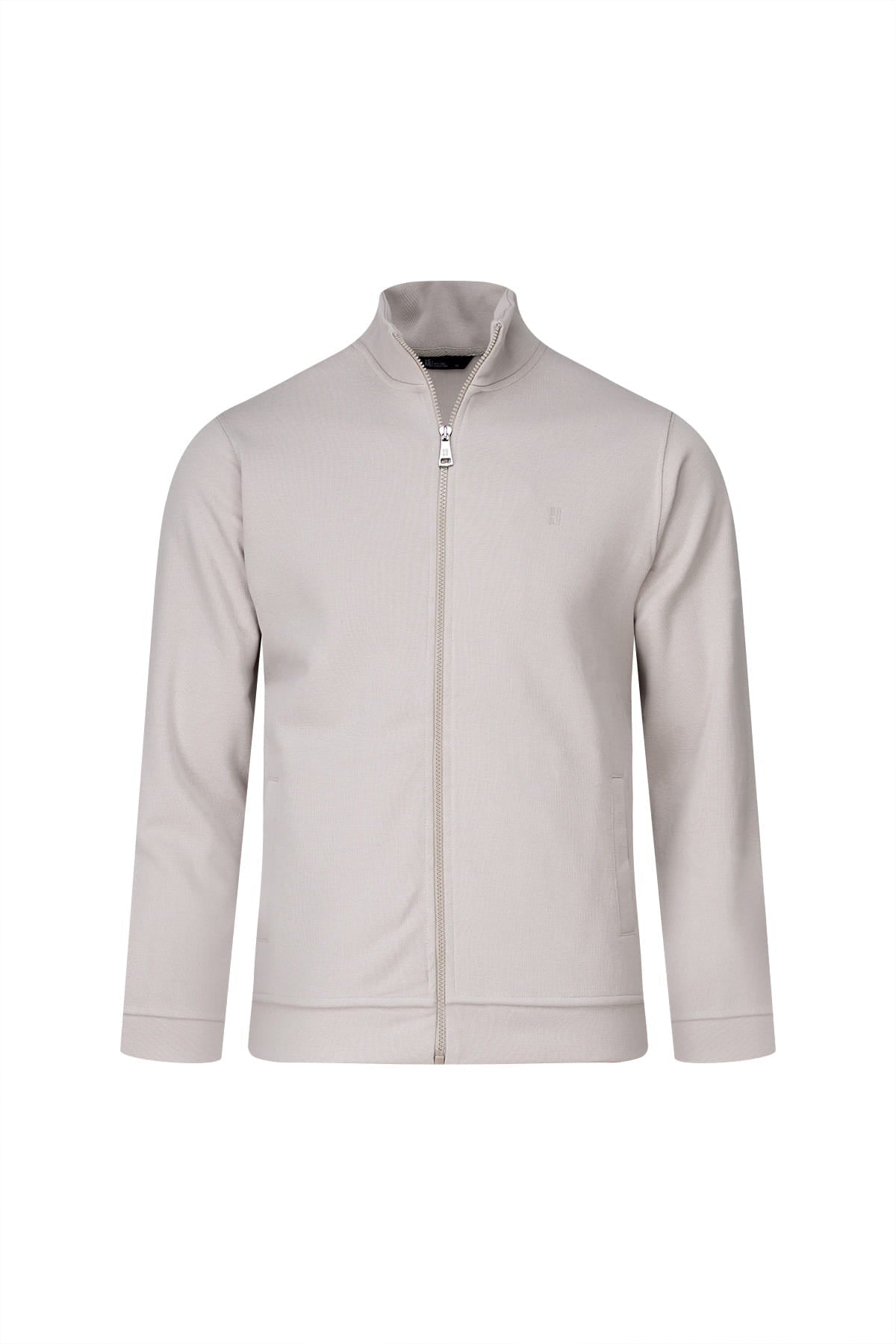 Beige regular fit linen-tone cotton full-zip mock neck cardigan with a sleek minimalist design and ribbed cuffs