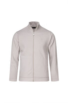 Beige regular fit linen-tone cotton full-zip mock neck cardigan with a sleek minimalist design and ribbed cuffs