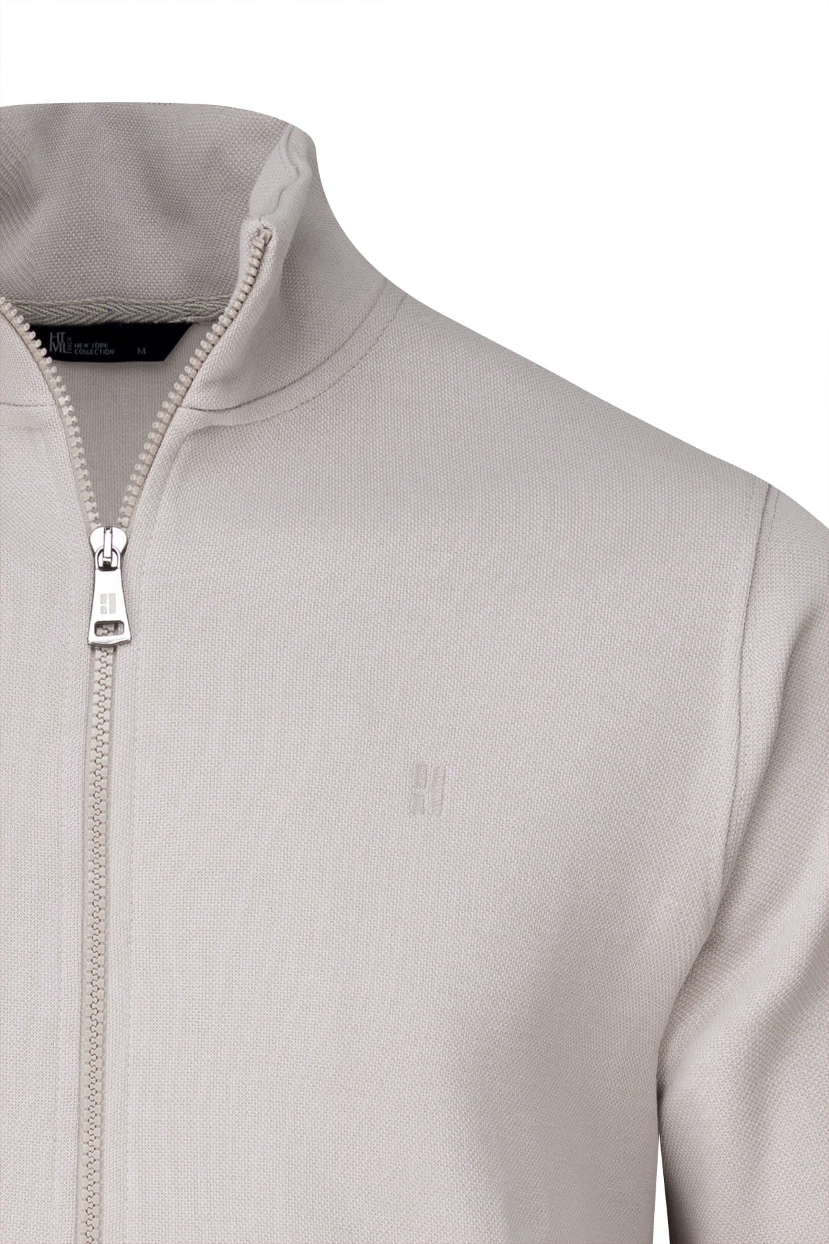 Light gray regular fit linen-tone cotton full-zip mock neck cardigan with textured fabric and subtle chest embroidery