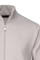 Light gray regular fit linen-tone cotton full-zip mock neck cardigan with textured fabric and subtle chest embroidery