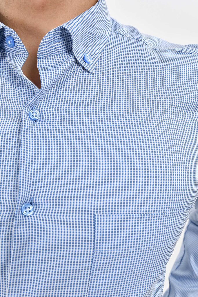 Regular Fit Long Sleeve Checked Cotton Blue Casual Shirt -