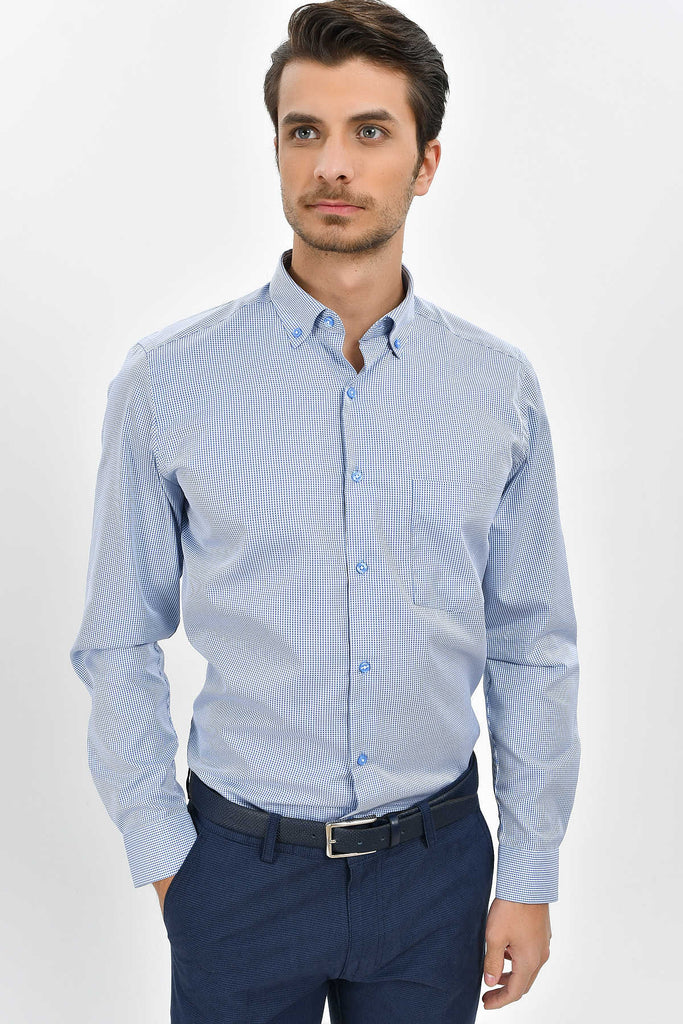 Regular Fit Long Sleeve Checked Cotton Blue Casual Shirt -