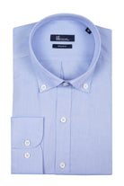 Light blue button-down dress shirt with a subtle textured weave and white buttons.