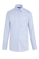 A crisp, light blue men’s dress shirt with a classic collar and button-down front.