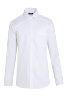 A crisp white men’s dress shirt with a classic collar and button-down front.