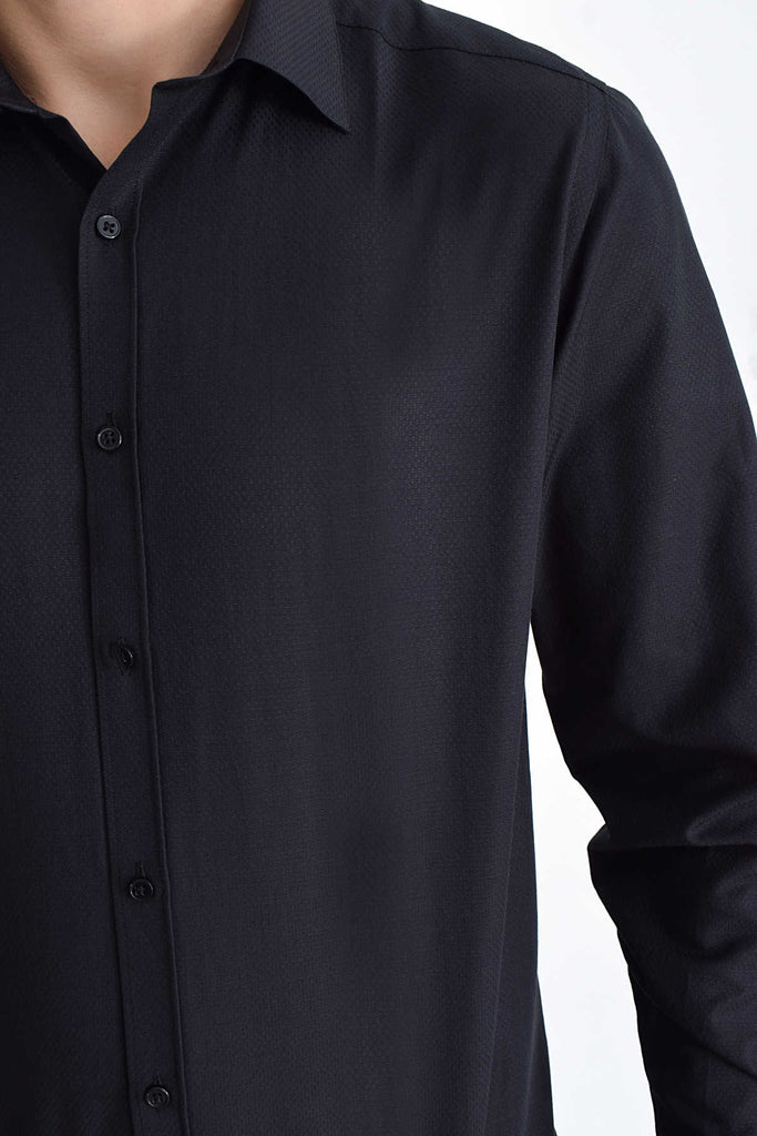Regular Fit Long Sleeve Patterned Cotton Blend Black Dress
