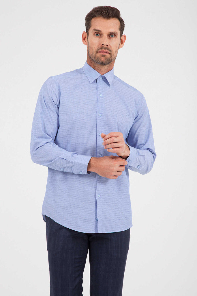 Regular Fit Long Sleeve Patterned Cotton Blue Casual Shirt