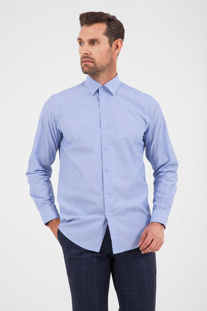 Regular Fit Long Sleeve Patterned Cotton Blue Casual Shirt