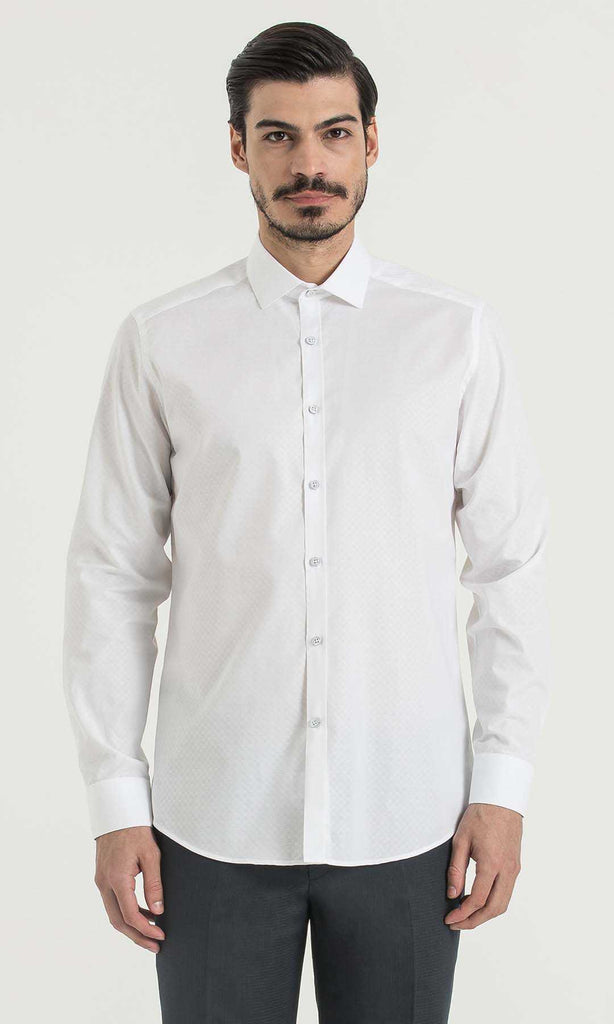 Regular Fit Long Sleeve Patterned Cotton White Dress Shirt