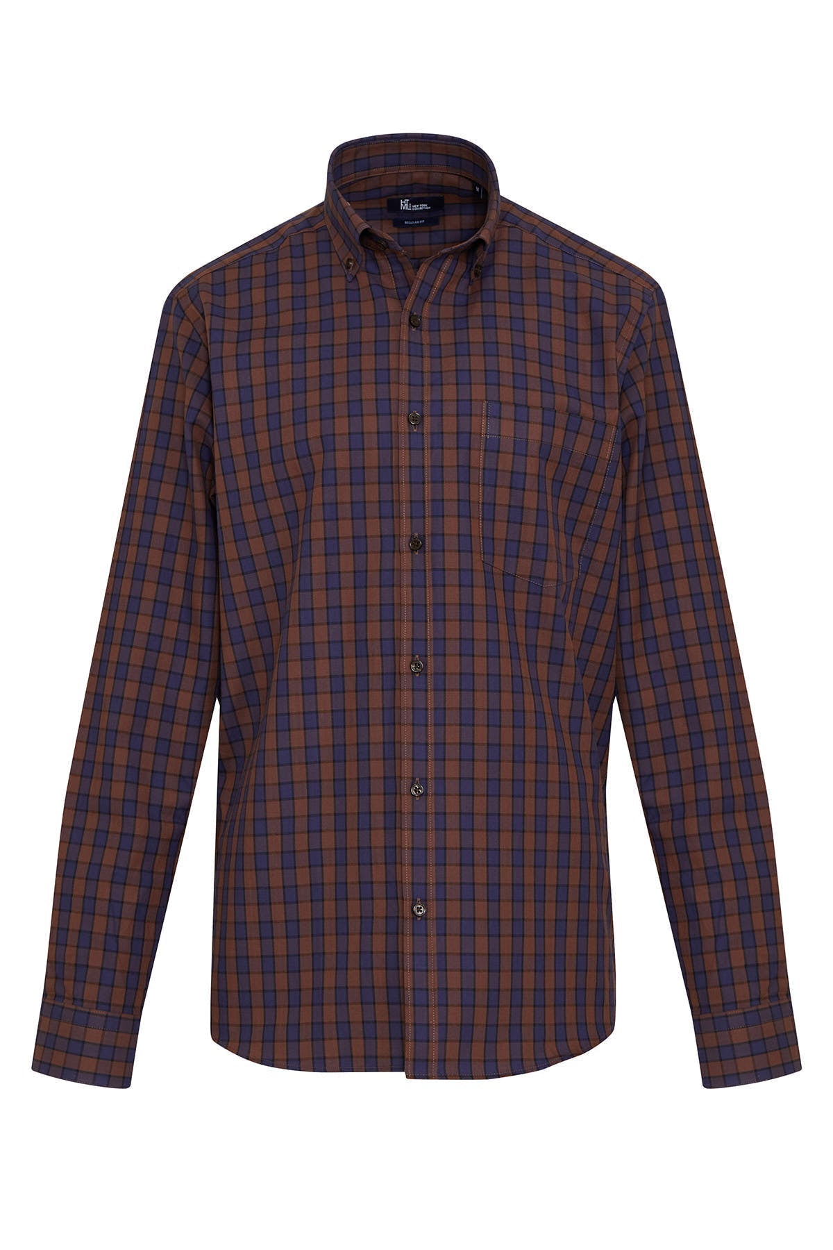 A men’s long-sleeved button-down shirt in a brown and navy plaid pattern, featuring a classic collar and neatly stitched cuffs.