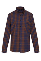 A men’s long-sleeved button-down shirt in a brown and navy plaid pattern, featuring a classic collar and neatly stitched cuffs.