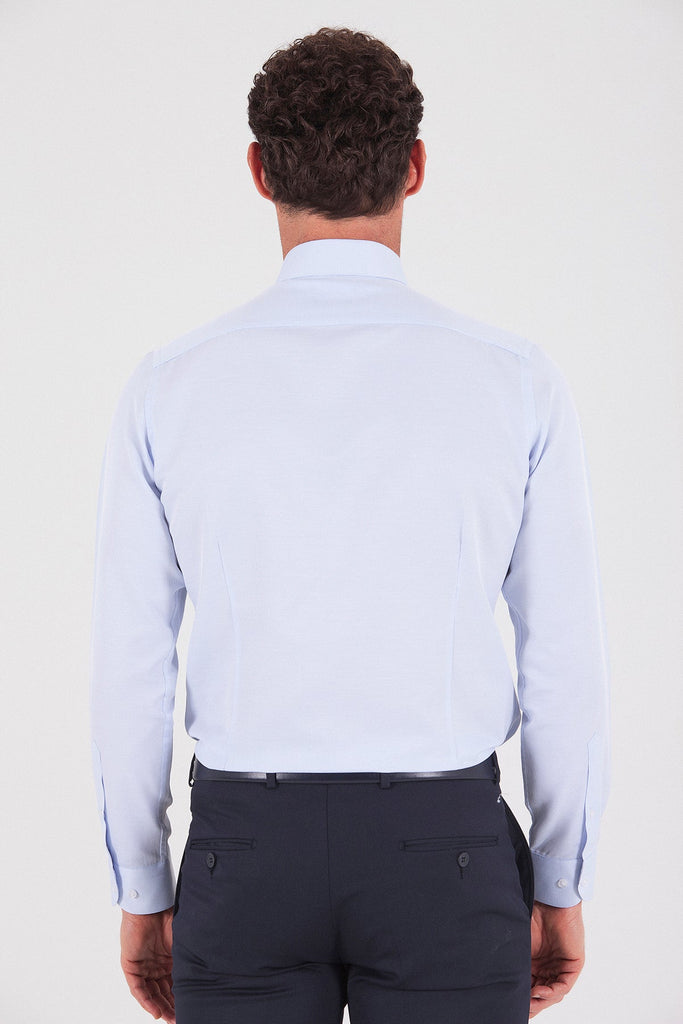 Regular Fit Long Sleeve Plain Cotton Blend Blue Dress Shirt