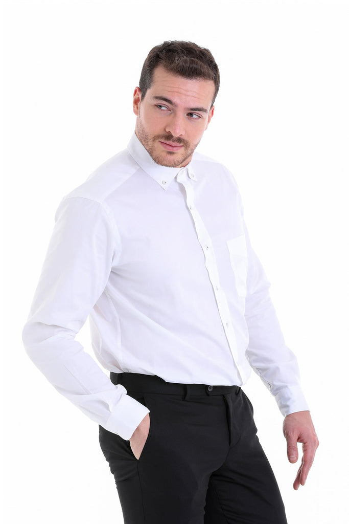 Regular Fit Long Sleeve Plain Cotton White Casual Shirt