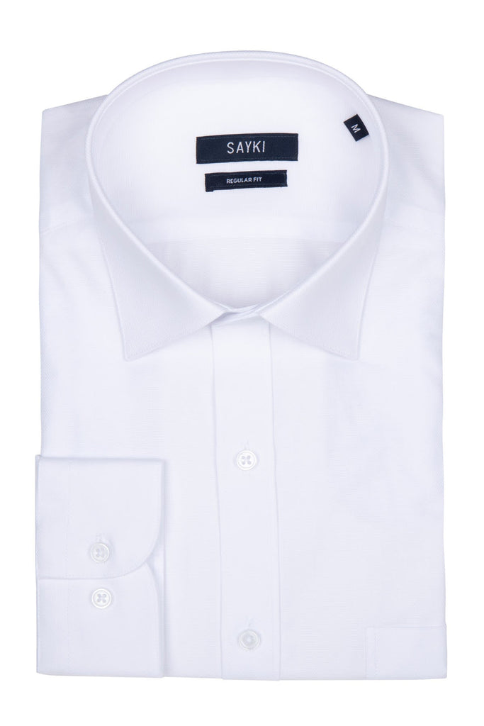 Regular Fit Long Sleeve Plain Cotton White Dress Shirt - MIB