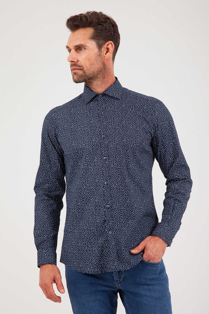 Regular Fit Long Sleeve Printed Cotton Blend Navy Casual