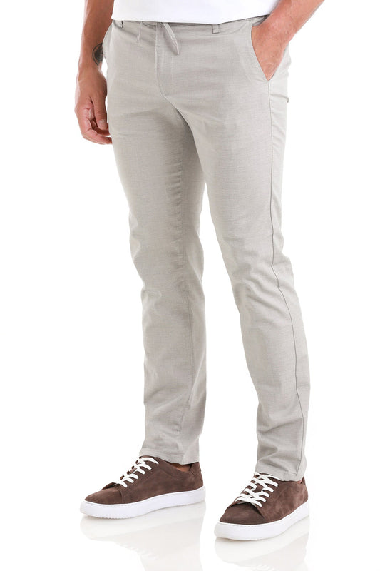 Beige chino pants with a drawstring waistband and subtle side seam stitching.