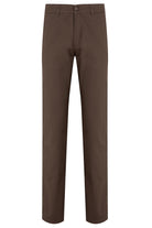 Brown chino trousers with a classic straight-leg cut and button closure.