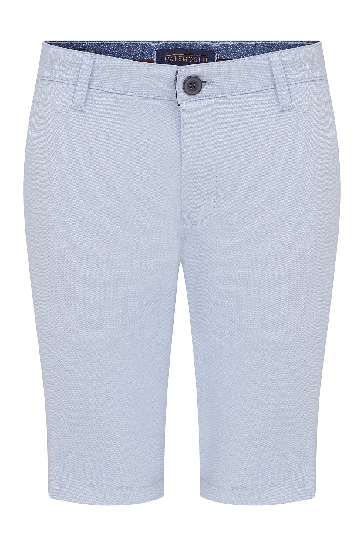 Light blue textured chino shorts with a dark button and branded waistband.